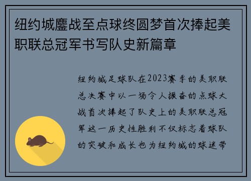 纽约城鏖战至点球终圆梦首次捧起美职联总冠军书写队史新篇章