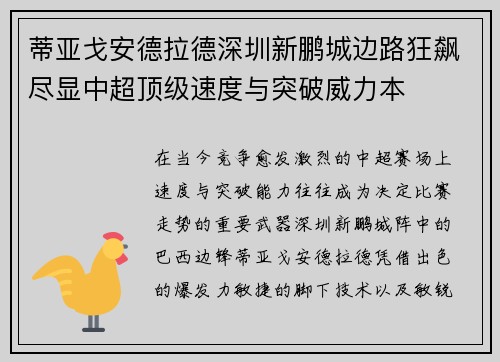 蒂亚戈安德拉德深圳新鹏城边路狂飙尽显中超顶级速度与突破威力本