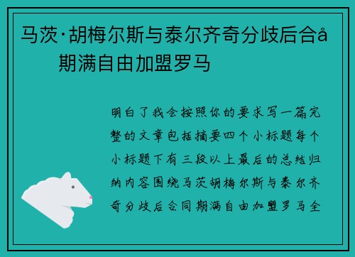 马茨·胡梅尔斯与泰尔齐奇分歧后合同期满自由加盟罗马